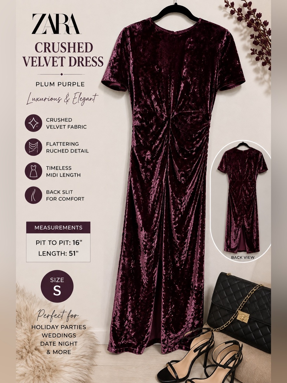 Zara Women’s Plum Purple Crushed Velvet Midi Dress Ruched